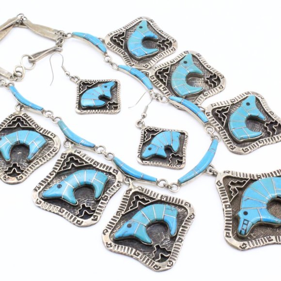 Stamped Derrick Cadman Navajo Sterling Silver Bear Inlaid Turquoise Necklace Set - Picture 8 of 11